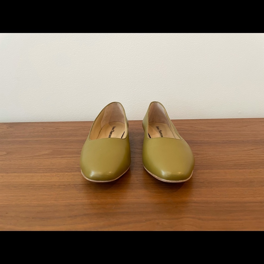 Women's Olive Green Leather Ballet Flats - Picture 2 of 6